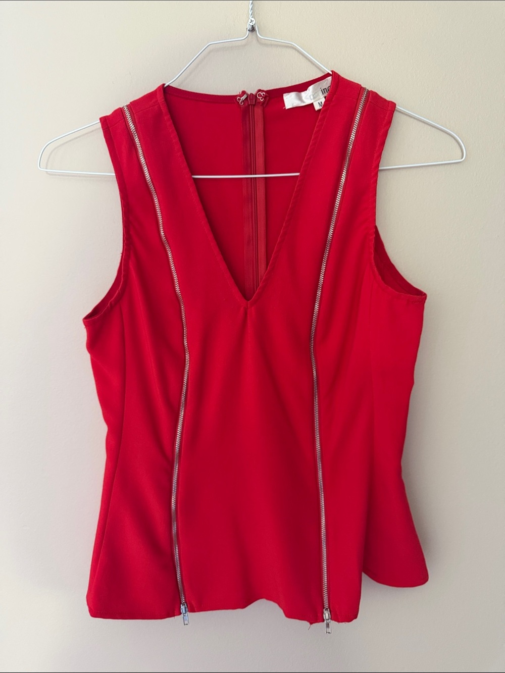 Women’s Red V-Neck Sleeveless Tank with Vertical Zip Trim